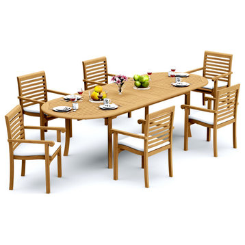 7-Piece Outdoor Teak Dining Set: 94" Oval Extn Table, 6 Hari Stacking Arm Chairs