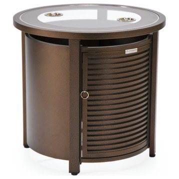 LeisureMod Walbrooke Patio Round Fire Pit, Tank Holder With Slats Design, Brown