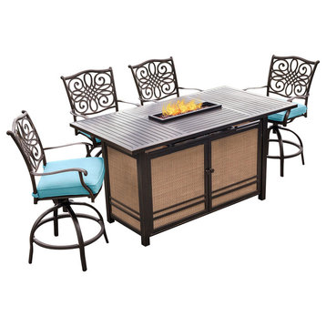 Traditions 5-Piece High-Dining Set With 30,000 BTU Fire Pit Dining Table, Blue/B