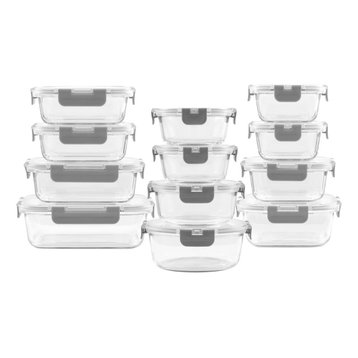 24 Piece Glass Storage Containers With Leakproof Lids Set Light Grey