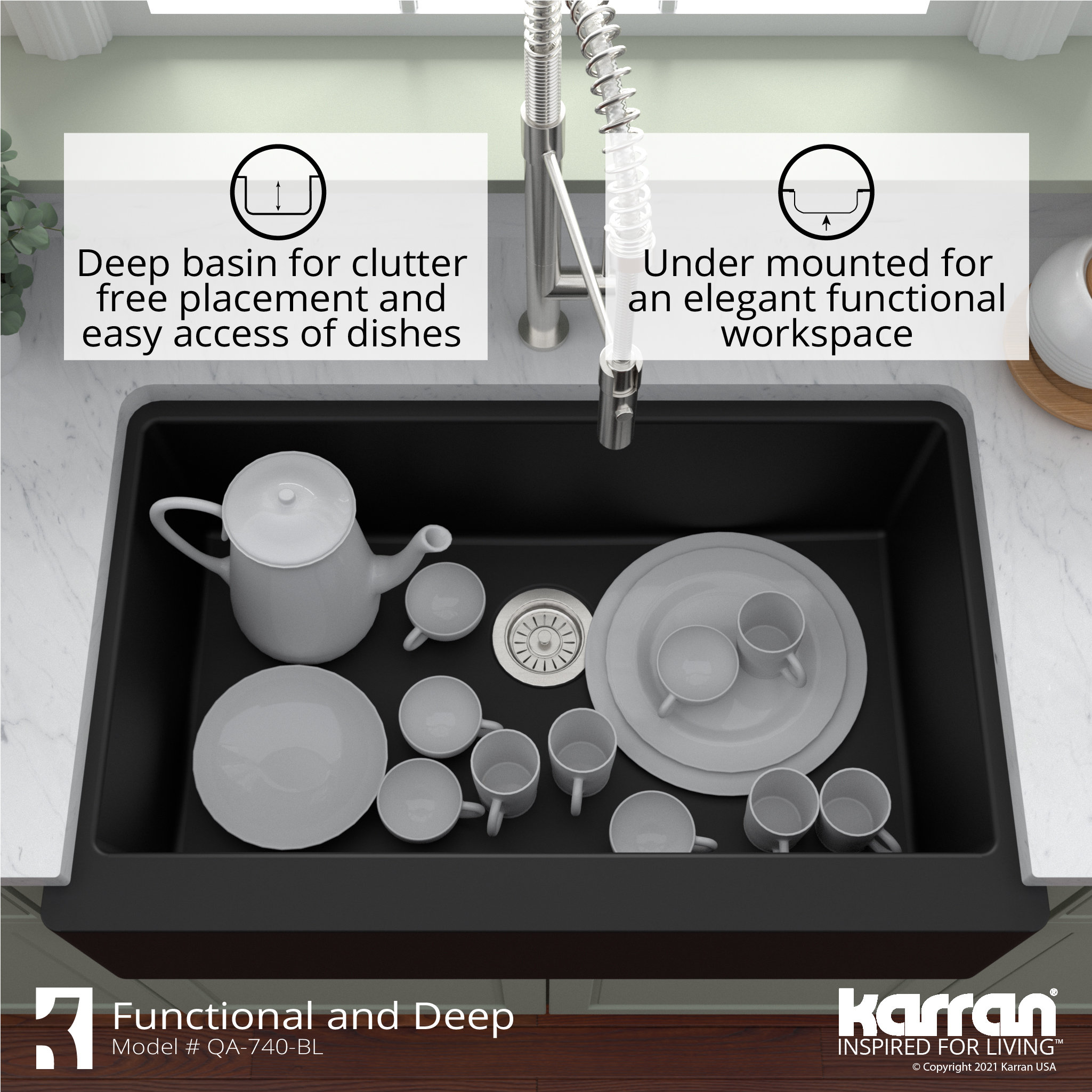 Karran Farmhouse/Apron-Front Quartz 34" Single Bowl Kitchen Sink, Black