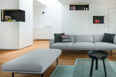 Ispirazione per un ampio soggiorno design aperto con pavimento marrone