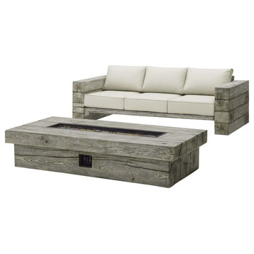 Manteo Rustic Coastal Outdoor Patio Sofa Set, Fire Pit Table, Light Gray Beige