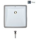 Rene - R2-1003 Square Porcelain Bathroom Sink, Biscuit, White, Chrome Drain - This attractive, white, porcelain basin is designed to be mounted under the counter in a flush, positive, or negative reveal. Wide and narrow, its vitreous china finish glistens with charm and durability. The R2-1003-W is constructed of solid porcelain but with a special additional enamel added at the end of its firing, turning it into a hardened, true, vitreous china. On its own, porcelain is both beautiful and durable, but the additional vitreous china coating creates an even more impervious and sanitary surface. It measures 17" x 17 1/2" x 7 1/2", with an offset drain and overflow. With a simple press to its handsome, chrome dome, the included, spring-loaded, pop-up drain can be opened or closed.