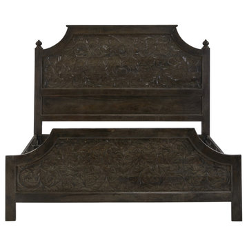 Modern Hand Carved Dark Stain Wood Panel King Bed Mel Collection