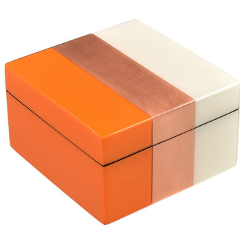 Lacquer Small Square Box, Orange, Copper Leaf And White