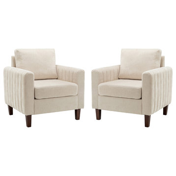 35" Comfy Club Chair for Bedroom With Wood Legs, Set of 2, Ivory