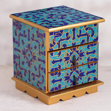 Novica Handmade Blue Intricacy Reverse Painted Glass Jewelry Box