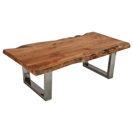 Natural Acacia Wood & Steel Rustic Live Edge Coffee Table