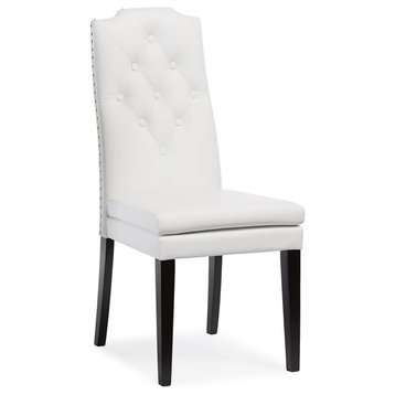Set of 2 Dining Chair, Rubberwood Legs With White Faux Leather Upholstery