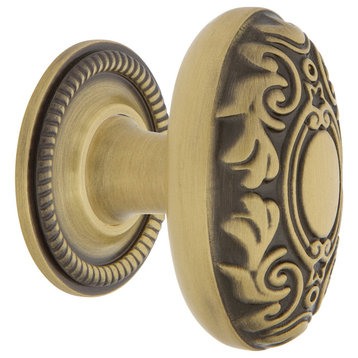 Victorian Brass 1 3/4" Cabinet Knob With Rope Rose, Antique Brass