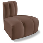 Meridian Furniture - Arc Upholstered Modular Component, Brown, 1-Piece: Reverse Corner, Vegan Leather - Unleash modern opulence with the Arc Vegan Leather Reversed Corner. Crafted for the modern connoisseur, this chair injects an air of refined luxury into any space. Its sleek silhouette, upholstered in supple brown vegan leather, exudes timeless sophistication while the deep channel tufting adds textural intrigue, further elevating the chair's visual appeal. The modular design makes it a versatile chameleon, effortlessly adapting to your evolving needs and preferences. Whether you envision it gracing a chic living room corner, basking in the glow of a bedroom window, or adding a touch of drama to a home office, the Arc seamlessly complements your unique interior aesthetic.