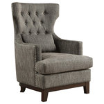 Lexiconhome.com - Charisma Wingback Chair, Gray color - The visual and textural statement of the elegant Charisma Collection lends distinct accent to your home’s decor. Wing-backed, as a nod to traditional form, and covered in woven brown-gray fabric, the chair features nailhead accent and button-tufting further enhancing the tailored styling.