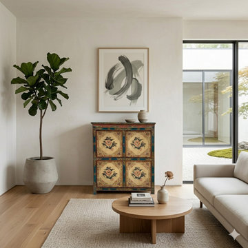 Chinese Tibetan Treasure Color Flower Graphic Credenza Storage Cabinet cs7465