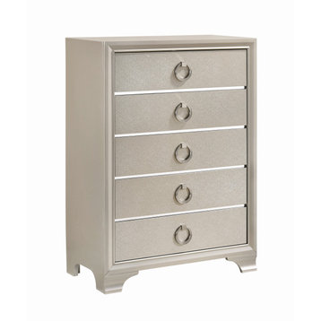 Five Drawers Wooden Dresser With Oversized Ring Handles, Silver