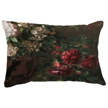 Floral Fancy Floral Print Throw Pillow With Linen Texture, Red, 14"x20"