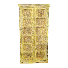 Mogul Interior - Consigned Vintage Yellow Antique Indian Armoire Lovely Wardrobe Wood Storage - Armoires and Wardrobes