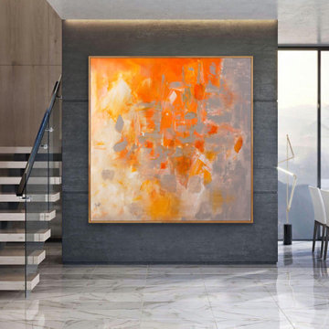 Explode- 48x48 inch Original Large Modern abstract orange Painting MADE TO ORDER