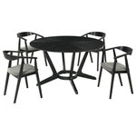 Armen Living - Santana 5-Piece Round Black Wood Dining Table Set With Charcoal Fabric - Host like a pro with the Santana 5-piece Round Wood Dining Set from Armen Living. Perched upon a sculptural base with beautifully crafted splayed legs, our modern round dining table serves as an elegant focal point for any room. It plays around with the angles of wooden grains to achieve a rich and eye-catching tabletop. Our versatile and mid-century modern dining set can effortlessly complement a variety of different styles. Its space-friendly proportions make it a perfect fit for eat-in kitchens and dining rooms. This dining set includes 1 dining table and 4 dining chairs. The round shape of our dining table makes it a natural hub for conversations and spending leisurely time. The 54 diameter tabletop easily allows seating for up to 6. The dining chairs feature a curved and hugging back to support you in just the right places. Completed with slender angular legs, the chairs make a stunning statement. The dining chairs deliver an airy silhouette vouching for hours of comfortable sitting. With an upholstered and padded seat, these dining chairs offer as much comfort as they do style. The Santana Dining Set is available in a walnut finish with your choice of charcoal, blue, or orange upholstery or a black finish with charcoal upholstery.