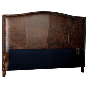 Leather Headboard With Distressed Nailheads, Brown, Queen