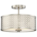 Trade Winds Lighting - Trade Winds Hutchins Drum Semi-Flush Mount Ceiling Light in Brushed Nickel - The Trade Winds Hutchins 2-light ceiling light is decorated with an intricate, interlocking pattern and paired with a white fabric drum shade to give you bright, useful light that has a touch of industrial inspired flair. A glass diffuser at the bottom of the fixture ensures you won’t get glare if you happen to look up into the fixture. Finished in brushed nickel. Hutchins is an excellent lighting idea for any space, especially smaller rooms. This fixture is dimmable and uses 2 standard size bulbs, up to 60 watts each. LED bulbs can be used. Rated for indoor use only.  This light requires 2 , 60 Watt Bulbs (Not Included) UL Certified.