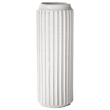 Ceramic Vase with Embossed Corrugated Pattern Distressed White Finish, Large