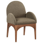 Meridian Furniture - Waldorf Chenille Upholstered Dining Chair, Black, Chenille, Natural Finish, Olive, Arm Chair, Boucle Fabric, Walnut Finish - The Waldorf Boucle Fabric Dining Arm Chair exudes elegance and comfort. Crafted with solid ash wood, this dining chair boasts a sturdy and durable construction. The walnut finished legs provide a warm and welcoming touch to the overall design. The plush olive boucle fabric on the seat and backrest of the chair offers a soft and cozy seating experience, making it an ideal choice for long dinner conversations with family and friends.