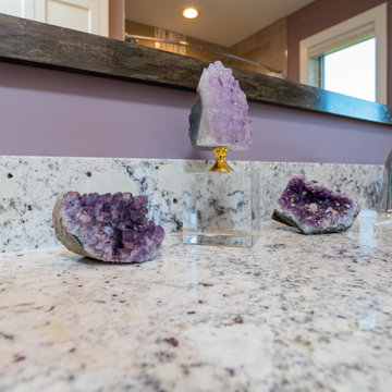 Modern Main Bathroom With a White Shaker Style Vanity and Lavender Walls