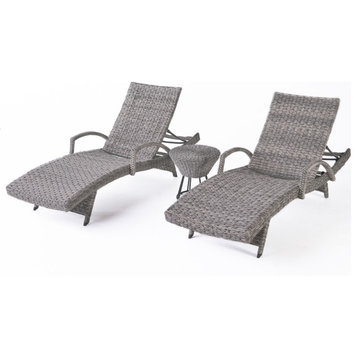 GDF Studio 3-Piece Keira Outdoor Gray Wicker Armed Chaise Lounge Set, Round Side