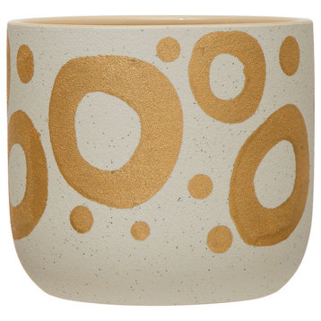 Hand-Painted Stoneware Planter with Gold Design, White (Holds 5" Pot)