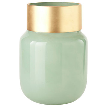 Minty Green Glass With Gold Metal Top Vase, 12"