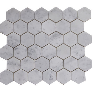 12"x10"Carrara White Marble Mosaic Tile, Hexagon, Polished, Set of 5