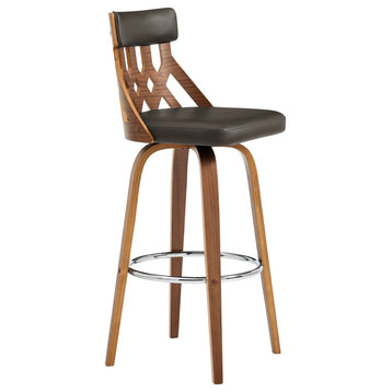 Crux 30" Swivel Bar Stool, Brown Faux Leather and Walnut Wood