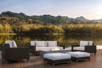 Inspiration for a large modern full sun backyard landscaping in Salt Lake City with a fire pit and decking.