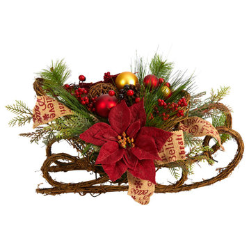 18" Xmas Sleigh W/ Poinsettia, Berries & Pinecone Faux Arrangement W/ Ornaments