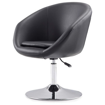 Modern Swivel Accent Chair, Round Metal Base With Faux Leather Upholstery, Black