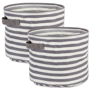 Coated Herringbone Woven Cotton Laundry Bin Stripe Gray Round Medium, Set of 2