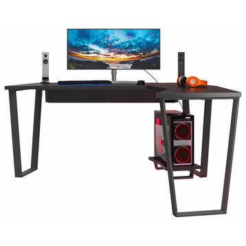 Modern Gaming Desk, Metal Frame With Large L-Shaped Top & Floor CPU Stand, Black