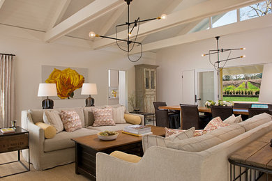Inspiration for a large transitional open concept carpeted living room remodel in San Francisco with white walls