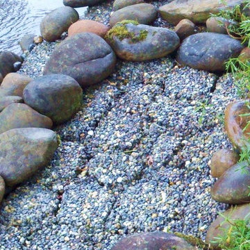 GARDEN ART: PERGOLA & XERIPAVE PERVIOUS PAVER "COBBLE STONE" RAIN GARDEN CREEK