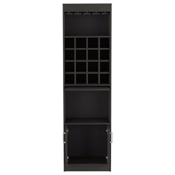 Athens Kava Bar Cabinet with 16 Wine Cubbies, 2 Open Shelves, and Glass Rack, Black Wengue