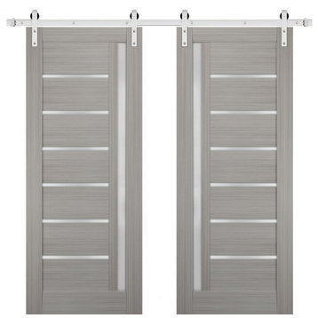 Double Barn Door 36 x 80 Frosted Glass, Quadro 4088 Grey Ash, Silver 13FT