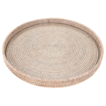Artifacts Rattan™ Round Serving-Ottoman Tray with Glass Insert, White Wash, 19" Diameter