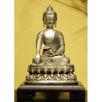 Silver Plated Meditating Buddha Statue Asian Figurine