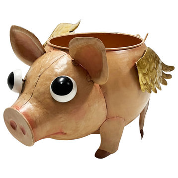 Metal Flying Pink Pig Planter Flower Pot Outdoor Garden Decor With Gold Wings