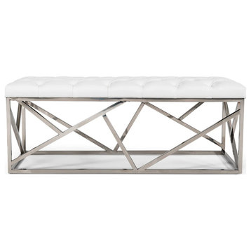 Melissa Modern White Leatherette and Stainless Steel Bench