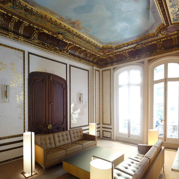 Décor végétal en fresque et sgrafitto dans un cabinet d'avocats parisien