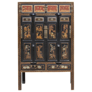 Chinese Black Golden Carving Wood Storage Wardrobe Hutch Cabinet cs5941