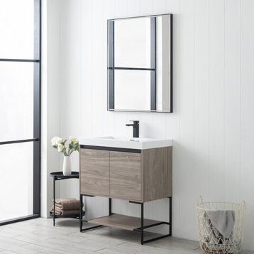 Freestanding Bathroom Vanity Set with Open Shelf & Acrylic Sink, Teak, 30"