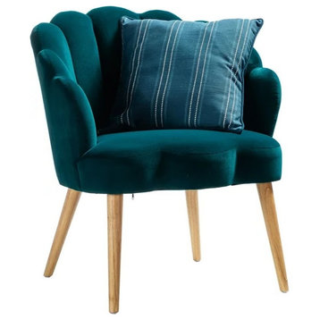 Unique Accent Chair, Velvet Fabric With Channel Tufted Scalloped Back, Teal